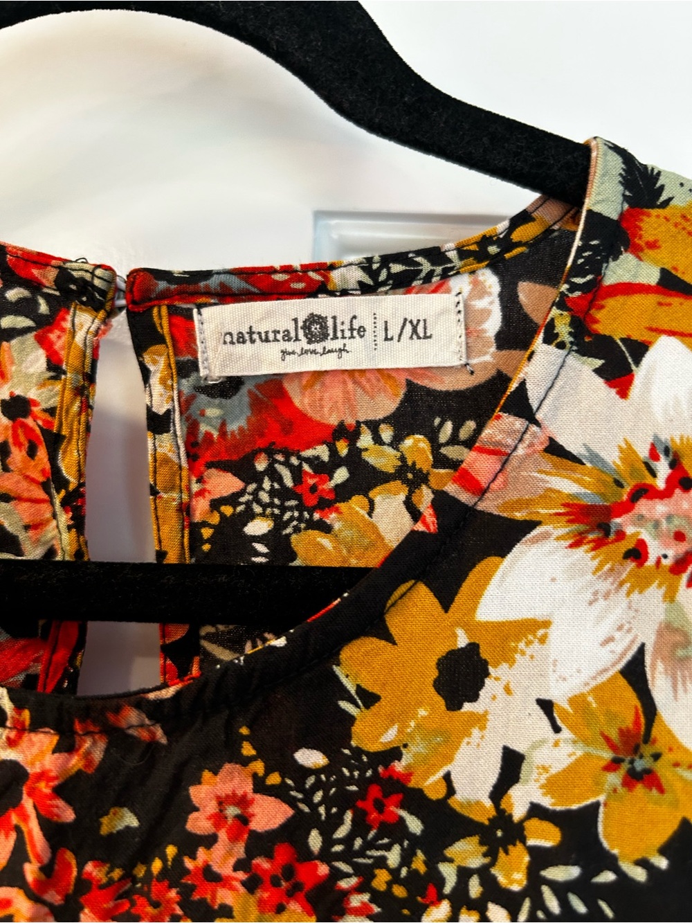 NATURAL LIFE Black Floral Keyhole Top with Mustard & Red Accents - Picture 3 of 4